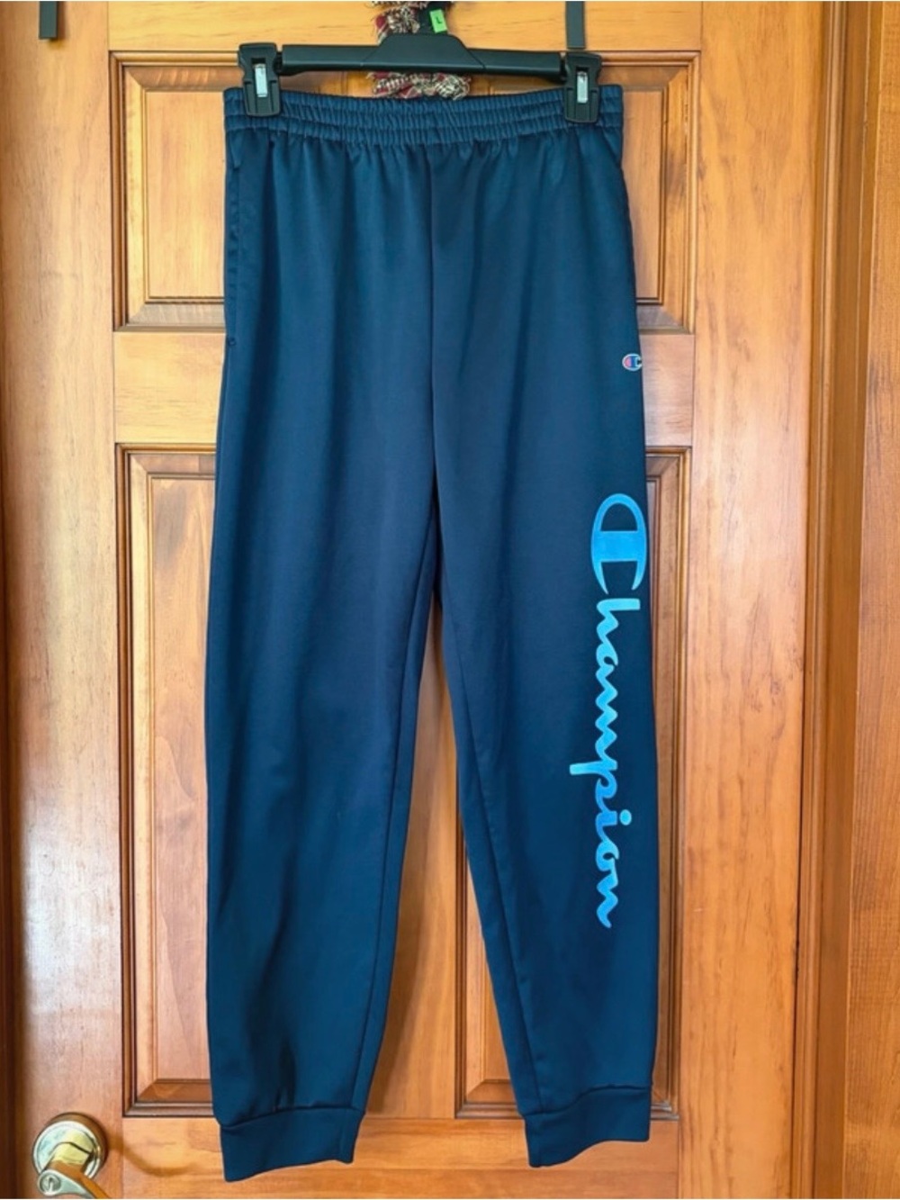Champion Navy Sweatpants with Light Blue Script Logo